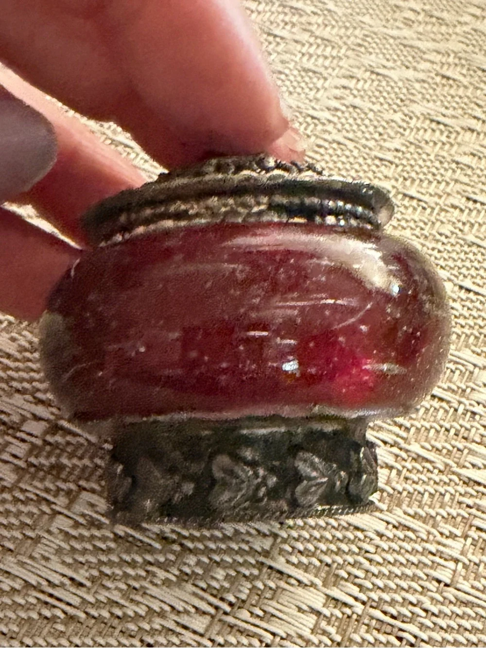 Antique  snuff or pill box snuff jar Red glass silver ornate metal